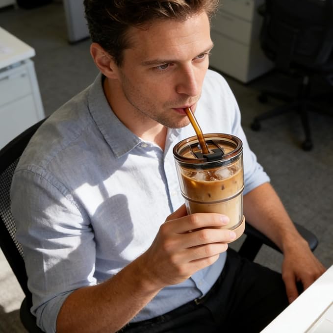 Zukro 13 oz Glass Iced Coffee Cups with Lid and Straw, Leak Proof Glass Tumbler for Ice Tea, Water, Non-Slip Silicone Bottom, Thick Wall Drinking Glasses for Home/Office, BPA Free, Amber 4 Pack