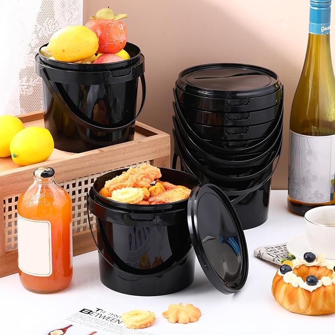 Funnymoom 20 Pack 48 oz Black Buckets with Lid and Handle Plastic Food Storage Containers Round Plastic Pails Freezer and Microwave Safe for Food