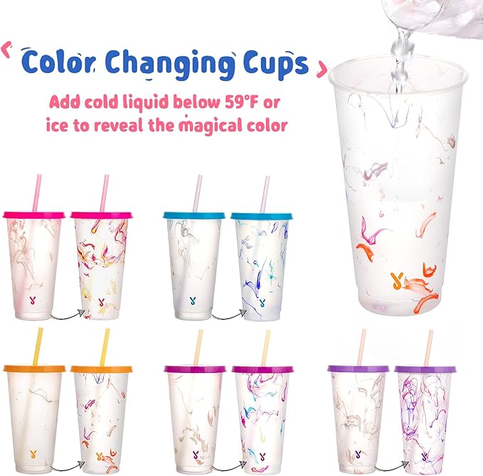 Meoky Color Changing Cold Cups with Lids and Straws - 5 Pack 24 oz Plastic Cute Tumblers Bulk, Reusable for Kids Women Party, Iced Coffee(Swirl)