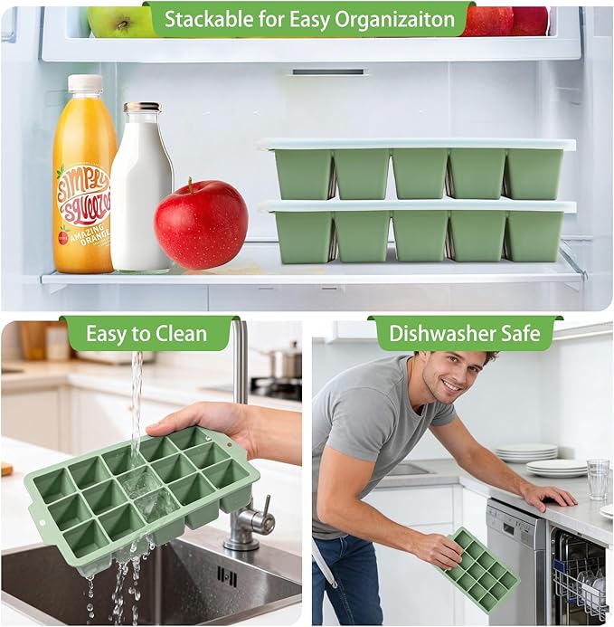 Silicone Ice Cube Tray with Locks Lids, Easy Release Flexible 15 Square Ice Trays for Freezer, Stackable & Reusable Ice Cube Mold for Whiskey, Cocktails, Baby Food, BPA Free, 2 Pack (Green)