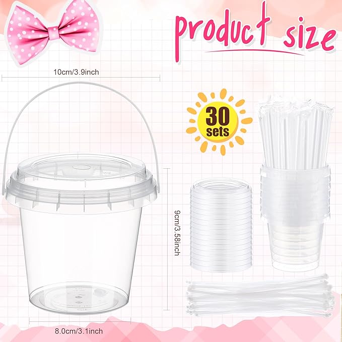 Funnymoom 30 Set Pink Bow Clear Plastic Cups with Lids & Straws 24oz Disposable Rum Drink Buckets Bulk for Cocktail Parties with Handles & Stickers for Holiday Birthday Beach Pool Party Supplies