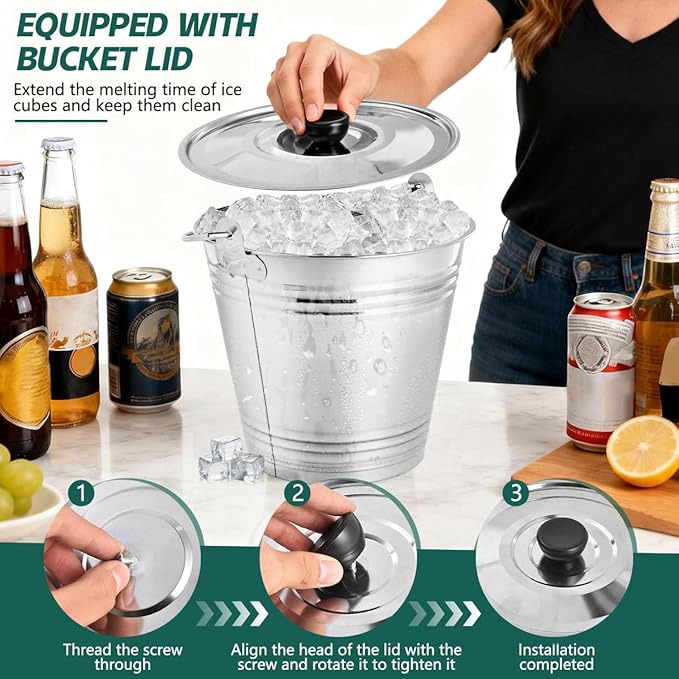 OBTANIM 3 Pack 7L Stainless Steel Metal Ice Buckets Champagne Drink Cooler Storage Ice Pails with Handle and Lid for Party Favors Organizing Home Parties Bar Cooling Supplies