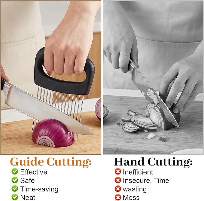 Extra Large Onion Holder for Slicing Tomato Slicer With 16 Long Needles Cutter Onion Slicer Holder Vegetable Chopper Tomato Potato Meat Tenderizer Stainless Steel Black