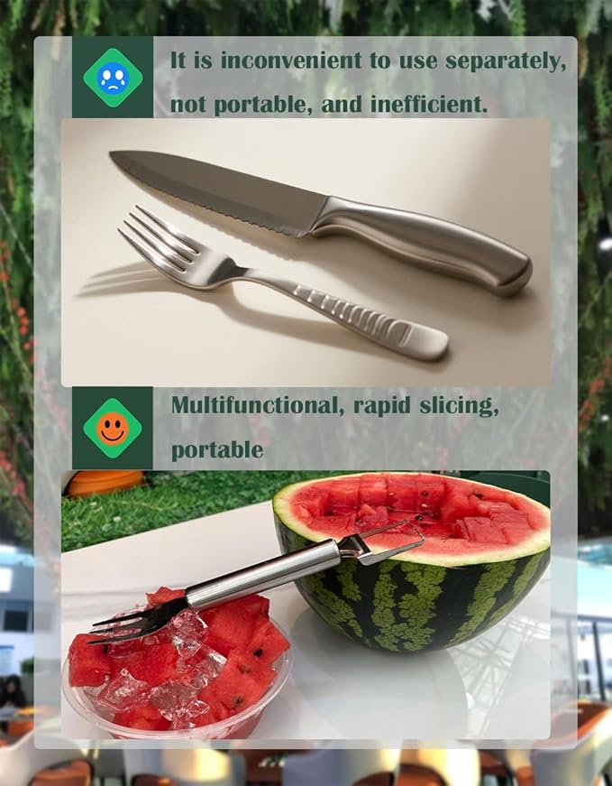 2-in-1 Stainless Steel Watermelon Fork Slicer, Portable Fruit Cutter Knife for Quick Melon Cubes, Kitchen Gadget for Summer Party, Picnic & Camping, Silver (1 Pack)