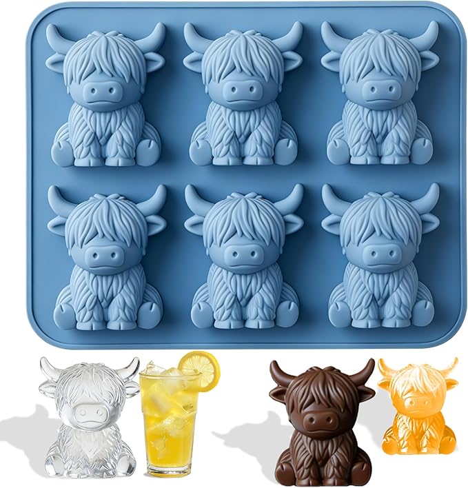 Mini Highland Cow Ice Cube Mold，Cute 3D Highland Cow Silicone Ice Cube Tray，Reusable Dessert Mold, Cow Shaped Ice Cube Trays For Whiskey，Drinks, Parties, Bar, Birthday & Gift