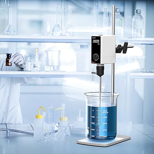 4E's USA Lab Overhead Stirrer - 40 Liter, 50000mPas, 50~2000 RPM Variable Speed with Stand and Stirring Rod, LED Lab Stirrer Mixer with Safety Sensors and Go-Through Design for Easy Rod Adjustment