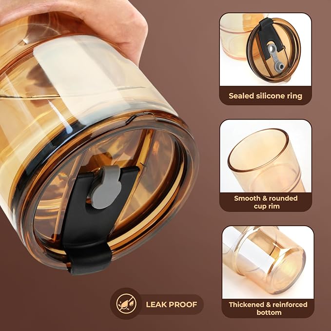 Zukro 13 oz Glass Iced Coffee Cups with Lid and Straw, Leak Proof Glass Tumbler for Ice Tea, Water, Non-Slip Silicone Bottom, Thick Wall Drinking Glasses for Home/Office, BPA Free, Amber 4 Pack