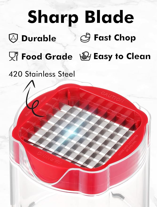 French Fry Cutter, Professional Home Style Onion Chopper, Vegetable Chopper Dicer Manual, Easy to Clean, Ultra Sharp Blades Thick-Strip Fry Cutter Apple Slicer and Corer, 3 Blades