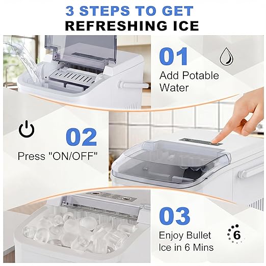 NEWBULIG Ice Makers Countertop with Handle, Portable Ice Machine, 9 Bullet Ice Cubes in 6 Mins, 26lbs in 24Hrs, Auto-Cleaning, with Basket and Scoop, for Home, Kitchen, RV, Camping,White