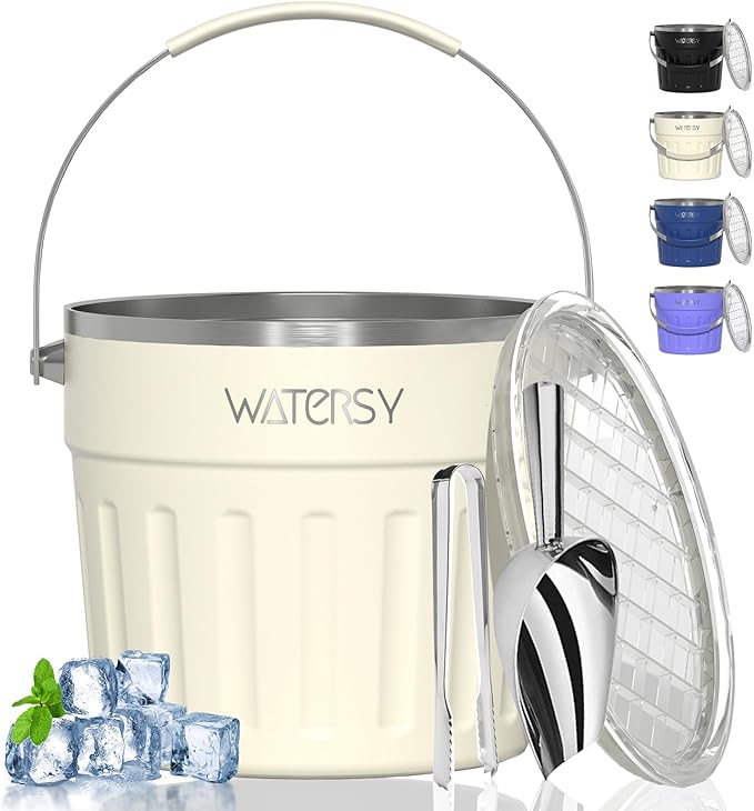 WATERSY Insulated Ice Bucket（8 Quart / 7.6 L） with Lid, Scoop, Ice Tong，Wall Vacuum Stainless Steel, Beige
