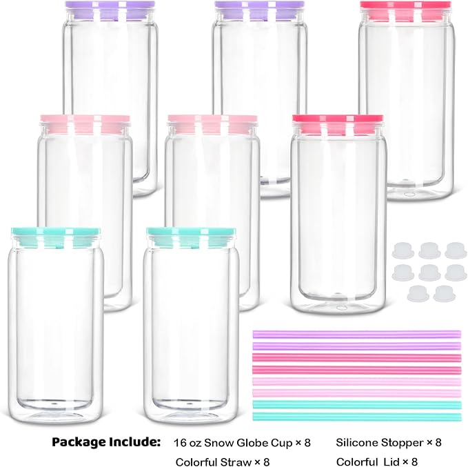 8 Pack Snow Globe Tumbler, 16 Oz Double Wall Plastic Can With Lid and Straw, Mason Jar Mug for DIY Glitter Gift (Mixed Colors)