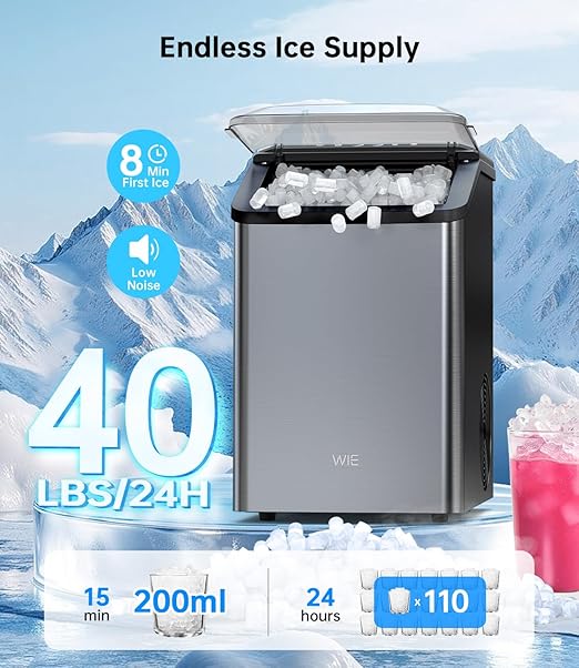 Ice Maker Nugget Countertop 40LBS Pebble Ice Machine,Quick Ice Making,Soft Crunchy Sonic Portable Small Frozen Ice Makers, Quiet Anti-Scale Self Cleaning Tabletop/Office/Home/Party/Camping,Metal Black