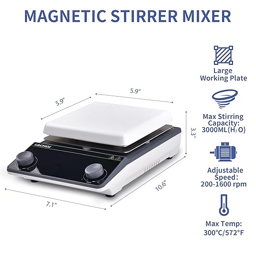 Magnetic Stirrer Hot Plate Stirrer 300℃ Max.5L 5.9inch Magnetic Stir Plate 1600RPM Magnetic Mixer Magnetic Hotplate Stirrer with Stir Bar&Temp Probe Sensor,(No Screen)