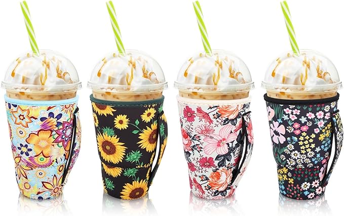 4Pack Reusable Iced Coffee Sleeve Insulator Sleeves for Cold Drinks Beverages, Neoprene Cup Holder for Most Coffee, Fits 30-32oz Large Cups (Floral Meadow)