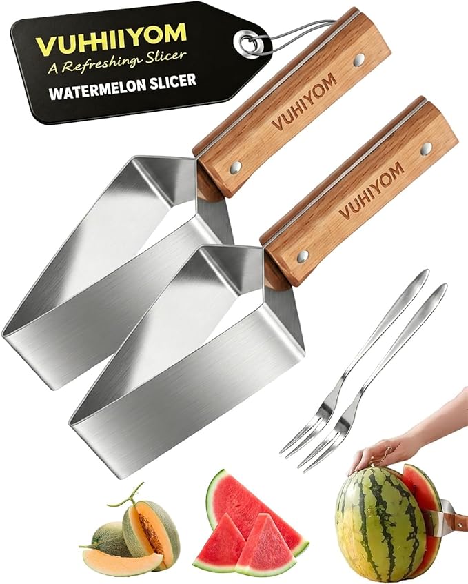 2026 Stainless Steel Watermelon Slicer, Watermelon Cutter Slicer Tool with Wooden Handle, Triangle Fruit Melon Knife Kitchen Gadgets for for A Wide Variety, Cantaloupe, Honeydew, Apples(2pcs#)