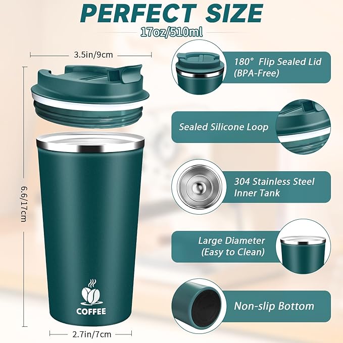Insulated Travel Coffee Mug Reusable Coffee Tumbler Cup with Flip Lid Leak Proof Spill Proof for Office School Party Camping Hot and Cold Drink,Stainless Steel 17oz (Kingfisher Blue)