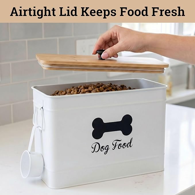 Dog Food Container Airtight 15 lb (50 Cup) Capacity with Metal Scoop - Cute Airtight Dog Food Storage Container with Bamboo Lid - White Metal Kibble Storage Bin for Dogs up to 100 lbs - Big Pet Jar