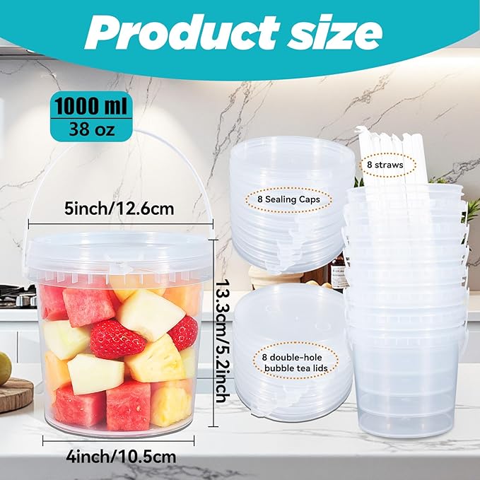 Clear Plastic Cups with Lid and Straw, Reusable Drink Bucket with Handle for Iced Coffee, Smoothie, Ice Cream - Sturdy Food Safe Party Cups for Pool, Beach, Birthday Parties (8Pack, 38 oz)