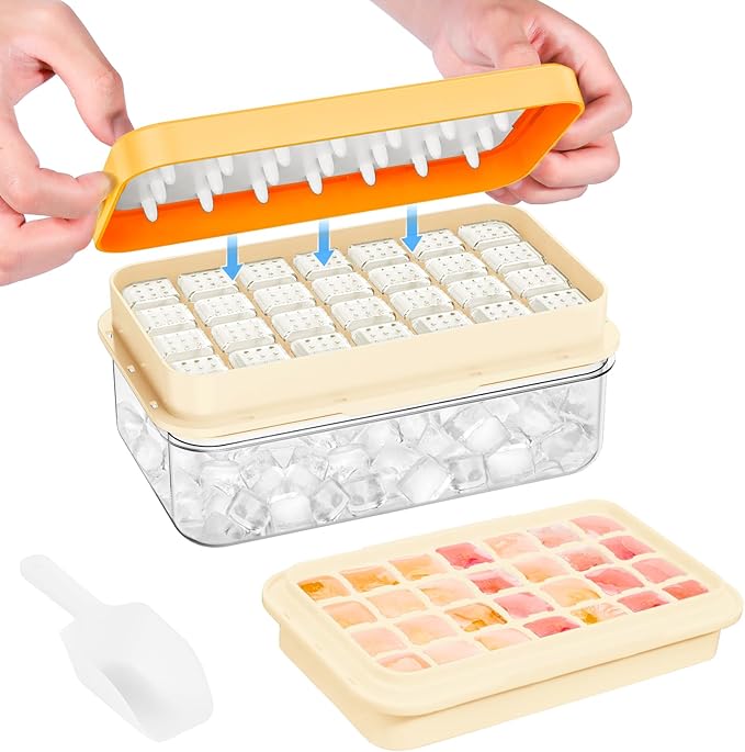 Ice Cube Tray with Lid and Bin, 28 pcs Ice Cubes Molds, Ice Trays for Freezer, Ice Cube Tray Mold, with 1 tray, Ice Freezer Container, Spill-Resistant Removable Lid & Ice Scoop, for Whiskey,Cocktail