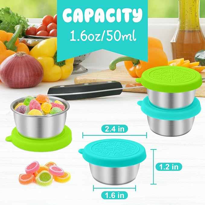 LIEMAND 6x1.6 oz Salad Dressing Container to Go, Leakproof Reusable Stainless Steel Small Container with Lid,Sauce Containers for Lunch box,Picnics,Travel,Office and Meal Prep