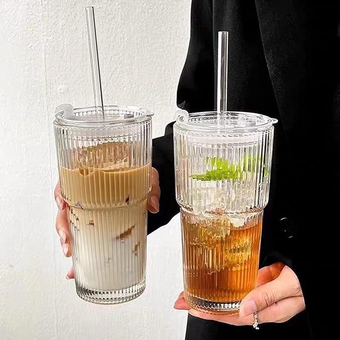 20 oz Ribbed Glass Tumbler with Lids and Straws - 4 Pack Iced Coffee Cups, Thickened Glass,cups for Iced Coffee, Smoothies, Cocktails and Juices 20.6 Cu. Ft.Freezer Refrigerator