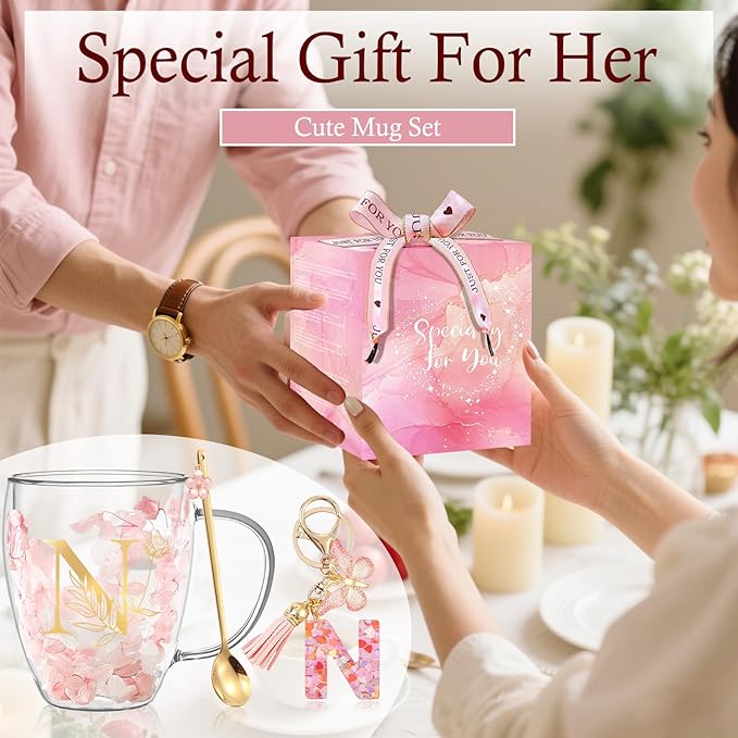 Personalized Gifts for Women Flower Glass Coffee Mug Initial Tea Cup Monogrammed Customized Bridesmaid Bride Wedding Gifts Graduation Gifts Valentine Mother's Day Birthday Christmas Gift (N)