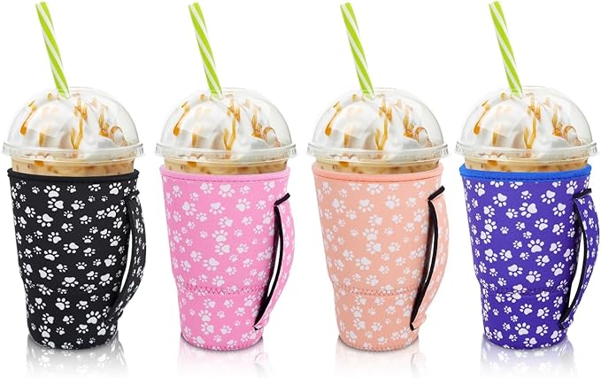4Pack Reusable Iced Coffee Sleeve Insulator Sleeves for Cold Drinks Beverages, Neoprene Cup Holder With Handle for Most Coffee, Fits 30-32 Oz Large Cups, Paw with handle
