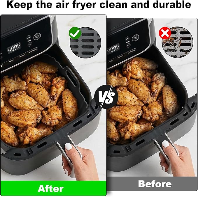 Square Silicone Air Fryer Liners 2 Pack, 8.5 Inch Reusable Air Fryer Liners for 5–6.5QT, Compatible with Ninja AF141/AF181, COSORI, Non-Stick Silicone Basket Accessories