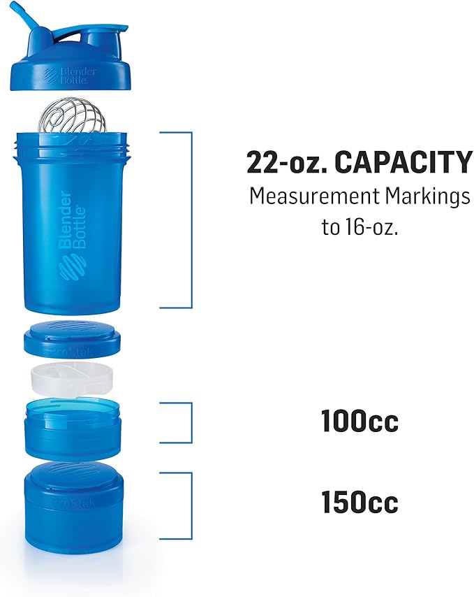 BlenderBottle Shaker Bottle with Pill Organizer and Storage for Protein Powder ProStak System, 22-Ounce, Pebble Grey