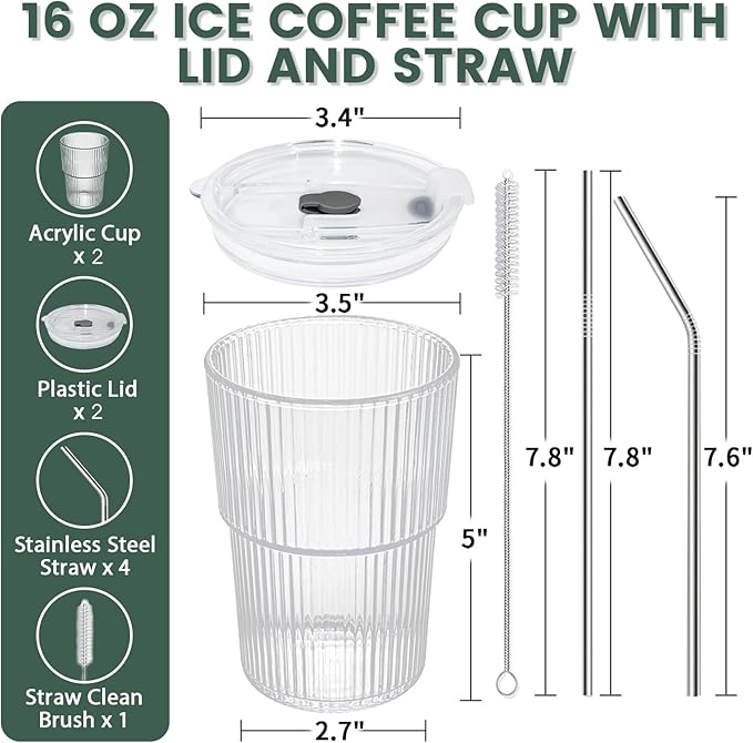 HIGIINC Iced Coffee Cups With Lids and Straws 2 Pcs, 16 OZ Unbreakable Glasses Drinking Set,Clear Plastic Cups Reusable Iced Coffee Tumbler with Lid and Straw, To Go Coffee Cups Dishwasher Safe