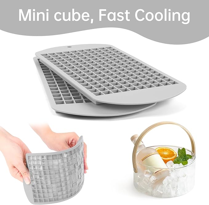 Silicone Mini Ice Cube Tray, 160 Nugget Ice Cube Molds Easy Release Small Ice Cube for Chilling Whiskey Cocktail, Stackable Ice Trays For Freezer (Grey)