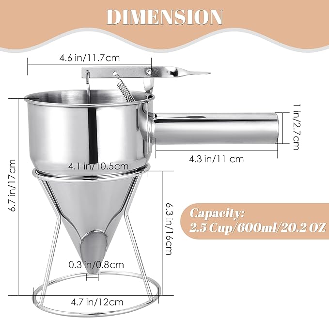 MAOPINER 20OZ Stainless Steel Pancake Batter Dispenser, Piston Funnel Cake Dispenser with Stand, Commercial Chocolate Funnel for Baking & Takoyaki (600ML/20OZ)