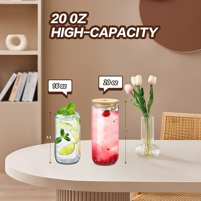 20oz Glass Cups with Lids and Straws Set of 6 – Large Iced Coffee Tumblers for Couples, Families, or Friends – Reusable Drinkware for Brunch, Home Gatherings, and Holiday Gifting