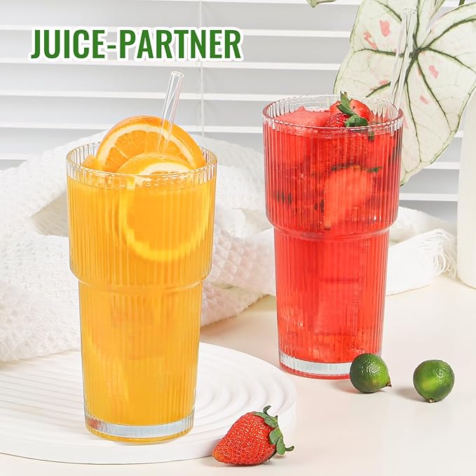 CWHHRN 20 oz Glass Cup and Straw, Glass Tumbler with Straw, Vintage Glassware for Whiskey Cocktail Beer, Iced Coffee Cups (1 PACK)