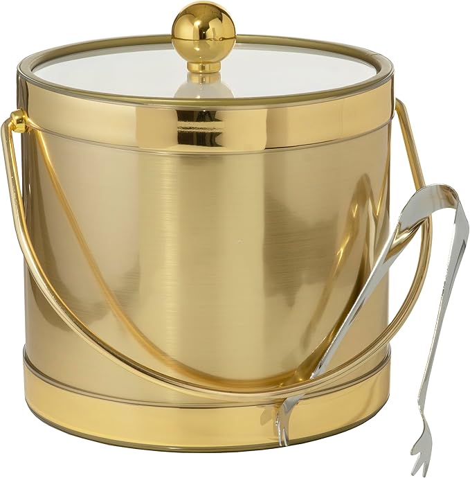 Made In USA Metallic Deco Collection Double Walled Insulated Ice Bucket With Ice Tongs (3-Quart, Gold)