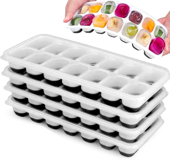 Set of 4 Stackable Silicone Ice Cube Trays with Removable Lids - Flexible, Spill-Resistant, Dishwasher Safe (Black)