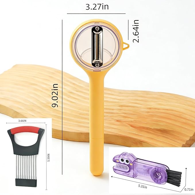 3-Piece Kitchen Set – Stainless Steel Onion Holder Slicer with 10 Forks, Peeler with Storage Box, 3-in-1 Cup Lid & Gap Brush – for Slicing Potato, Avocado, Eggs, Lemon, Meat