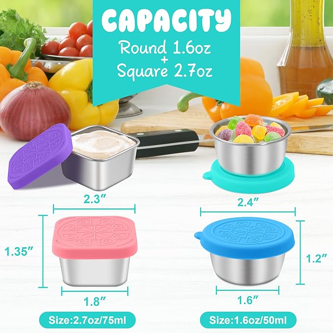 LIEMAND 6PCS Salad Dressing Container to Go, Leakproof Reusable Stainless Steel small container with lid,Sauce Containers for Lunch box,Picnics,Travel,Office and Meal Prep-1.6+2.7 Sets