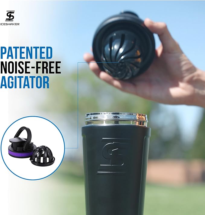Ice Shaker Insulated Stainless Steel Shaker Bottle | 26oz, Purple | Cold for 30+ Hours | Insulated Cup with Twist-on Agitator | Odor-Free Bottle for Protein Shakes, Water, Smoothies, Cocktails