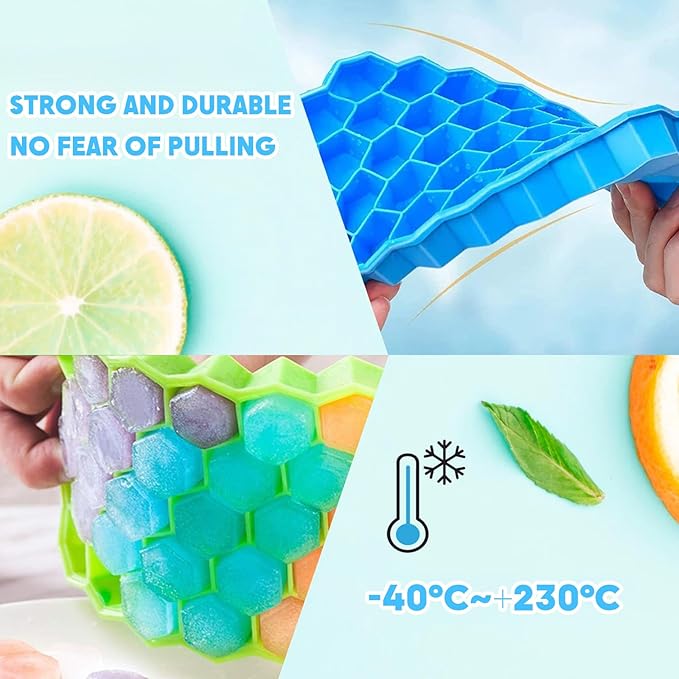 2 Pack Honeycomb Ice Cube Trays for Freezer Microwave(Blue and Green), Silicone Ice Cube Tray with Lid, 37 Hexagonal Silicone Molds, Reusable Ice Cube Mold for Whiskey, Cocktails, Homemade Cold Drinks