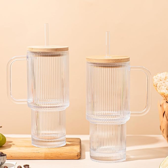 SoulTimes 24oz Ribbed Glass Tumbler with Handle and Bamboo Lid, Set of 2 Glass Cups with Lids and Straws for Coffee, Tea, Juice and Smoothies, Reusable Iced Coffee Cups Includes 2 Sealed Plastic Lids