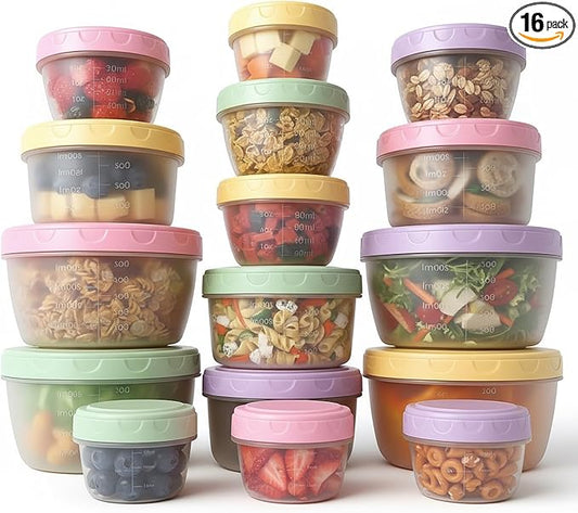 16 Piece Food Storage Containers with Lids (1Oz-45Oz), Leakproof BPA-Free Bowls Set with Pastel Color Lids for Soup, Snacks, Condiment, Salad Dressing & Sauce, Space Saving Nesting Design