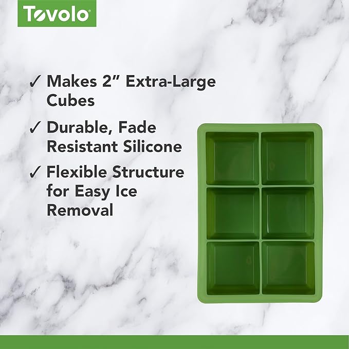 Tovolo Large 2” King Cube Ice Tray Pesto Green Ice Cube Trays for Whiskey Cocktails Smoothies, Big Square Ice Cube Mold Silicone Freezer Tray for Perfect Rock Cubes BPA Free Dishwasher Safe