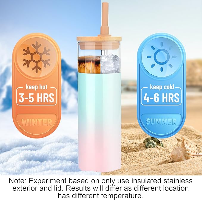 Tronco 20 oz Vacuum Insulated Glass Tumbler with Lid and Straw - Keeps Drinks Cold for 12 Hrs - Reusable Glass Cup for Iced Coffee, Smoothies & Boba - Sweat & BPA Free, Dishwasher Safe, Fit Car Holder