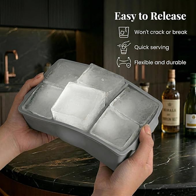KitchFort Large Silicone Ice Cube Tray (2-Pack), Easy Release 2" Big Ice Cubes - Cocktail, Whiskey Ice Cubes Mold - Ice Trays for Freezer with Lid - Stackable Silicone Ice Tray - Gray