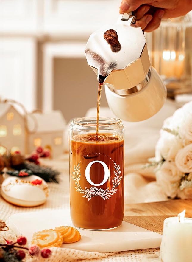 Personalized Gifts for Women, Monogrammed 16oz Glass Cups with Bamboo Lids and Straws, Customized Glass Tumbler, Cute Custom Mug, Customizable Initial Iced Coffee Glasses, Birthday Bridesmaid Mom, O