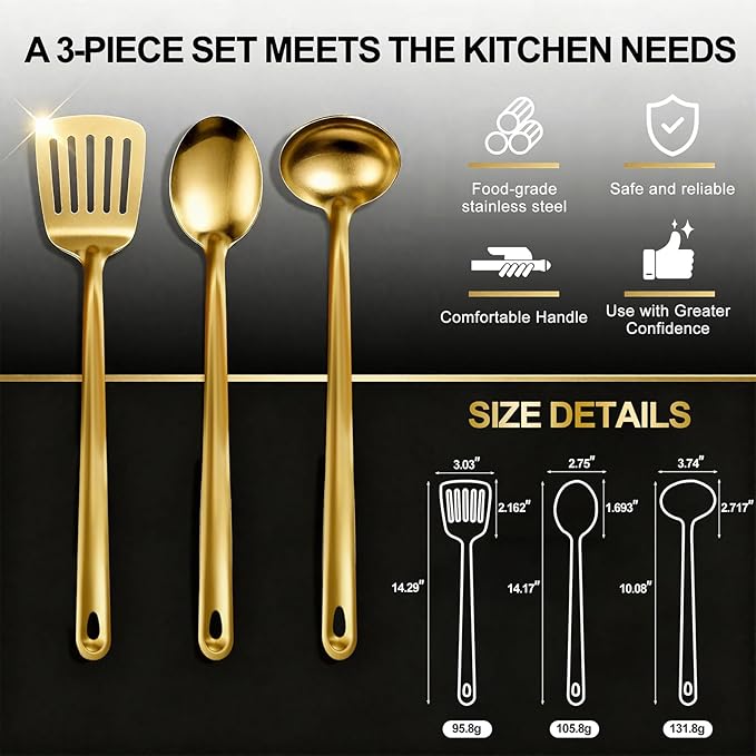 Kitchen Cooking Utensils Set, 3 pcs Stainless Steel Cooking Utensils Spatula Set with Titanium Gold Plating, Kitchen Gadgets Utensil Set