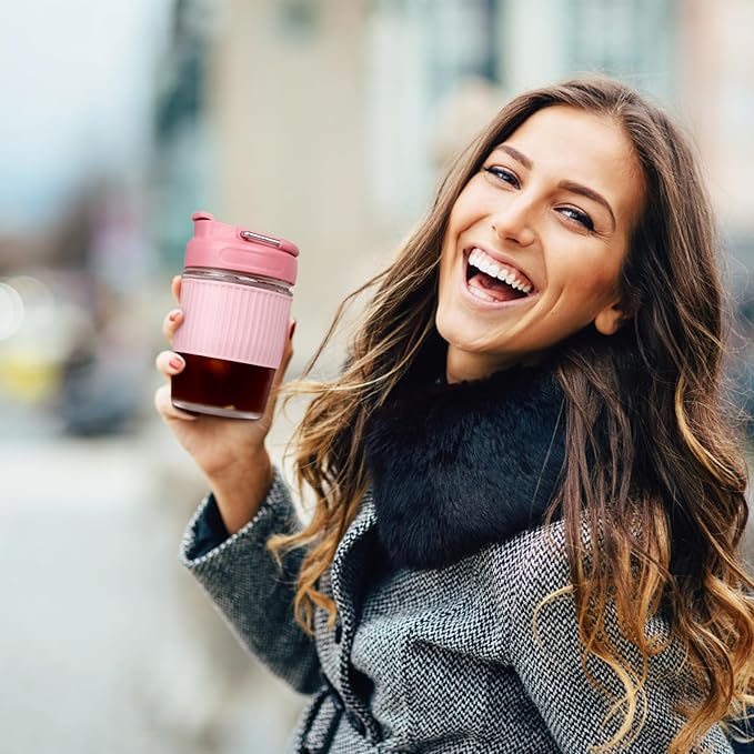 Sivaphe Reusable Glass Ice Hot Coffee Cup 12 oz, Portable Travel Mug with Spill-Proof Lid and Thermal Sleeve for Home Office Pink