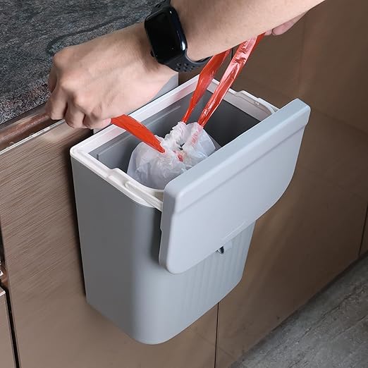 3.2 Gallon Kitchen Hanging Trash Can with Lid, Plastic Wall-Mounted Garbage Can, Gray