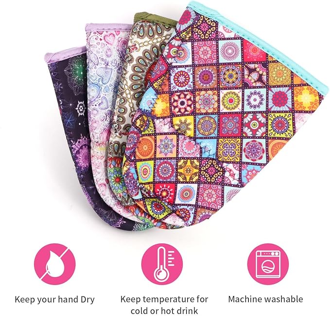 4Pack Reusable Iced Coffee Sleeve Insulator Sleeves for Cold Drinks Beverages, Neoprene Cup Holder for Most Coffee, Fits 30-32oz Large Cups (Mandala)
